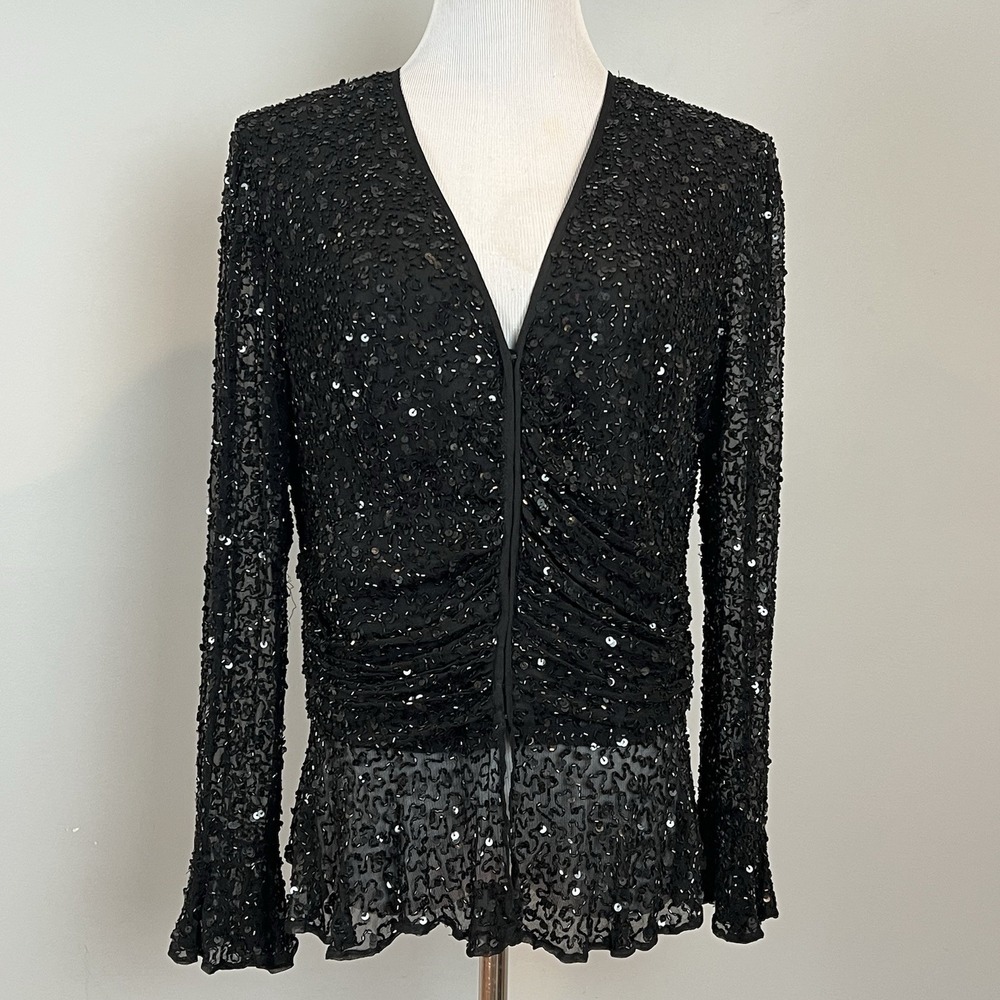 Marina Bresler Black Sequin Silk Blouse Size 12 Long Sleeve V Neck Glitter Goth